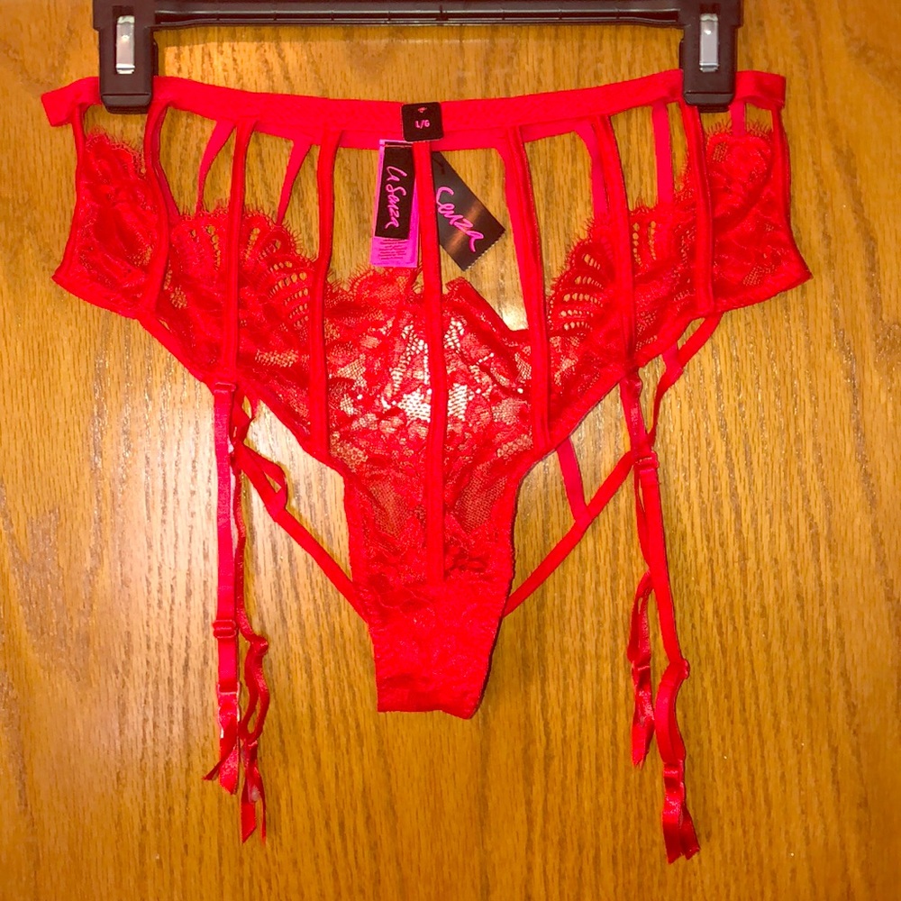 Strappy vibrant red backless thong garter straps